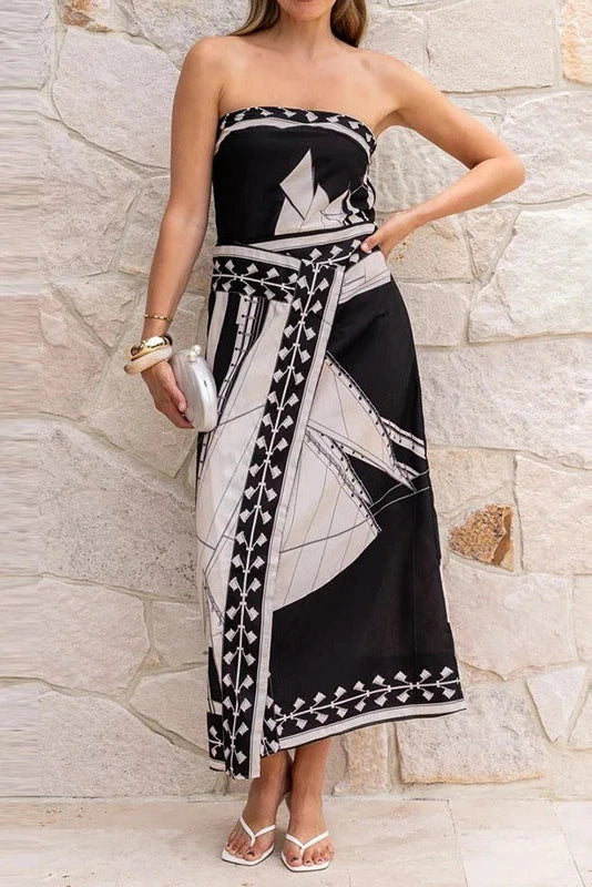 Glorol - Sleeveless Printed Off-Shoulder Irregular Midi Dress