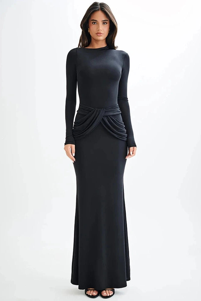 Glorol - Diagonal Collar Long Sleeve High Waist Bodycon Maxi Dress