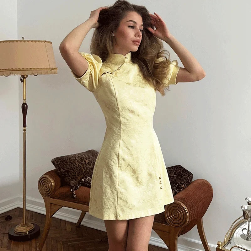 Glorol - Printed Button Patchwork Mini Dress