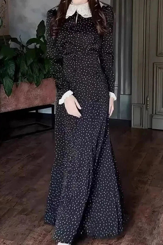 Glorol - Elegant Long Sleeve Slim Lace Up High Waist Pleat Printed Maxi Dress