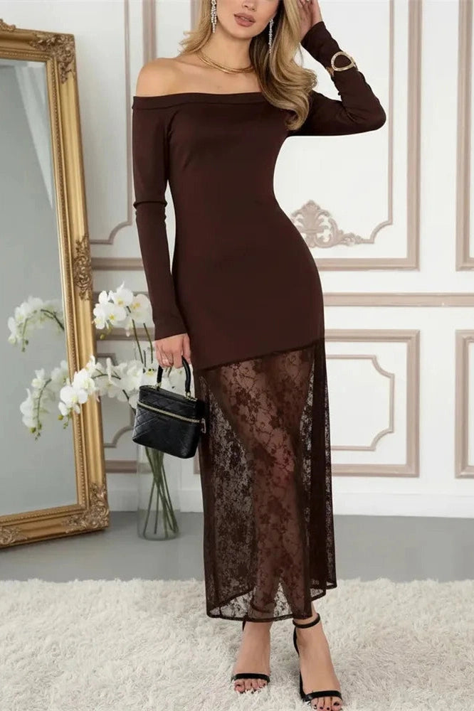 Glorol - Lace Printed See-Through Patchwork Maxi Dress