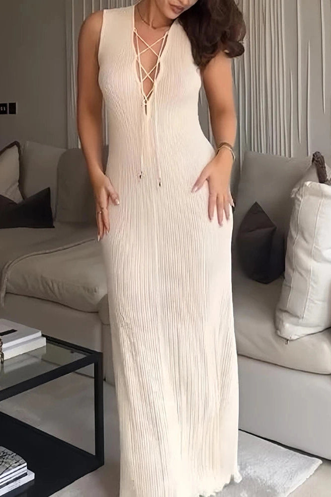 Glorol - Elegant Hollow Out Lace Up Slim Knitted Sleeveless Maxi Dress