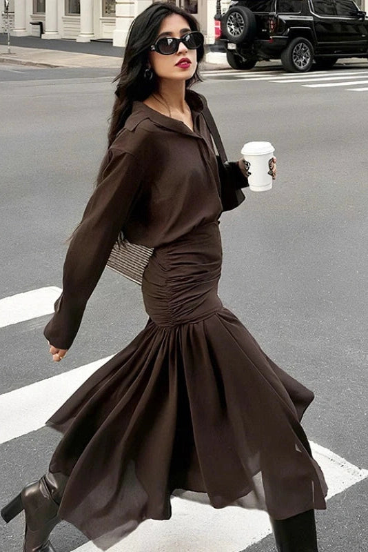 Glorol - Long-Sleeved Pleated Slim High Waist Midi Dress