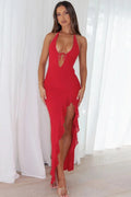 Glorol - Sleeveless Backless Lace-up Thigh Split Patchwork Maxi Dress