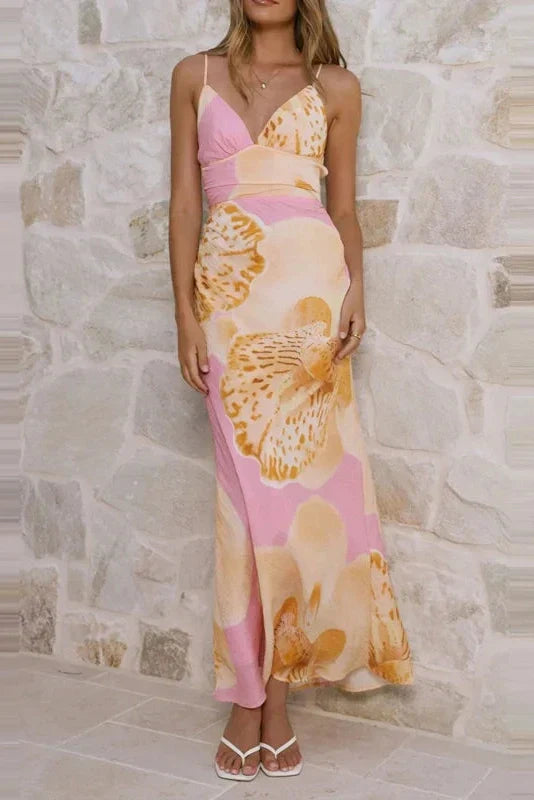 V-Neck Printed Sleeveless Fit Pleated Backless Maxi Dress