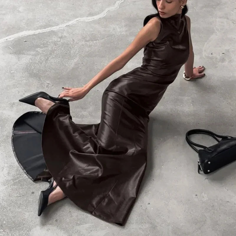 Glorol - PU Leather Patchwork High Waist Sleeveless Maxi Dress