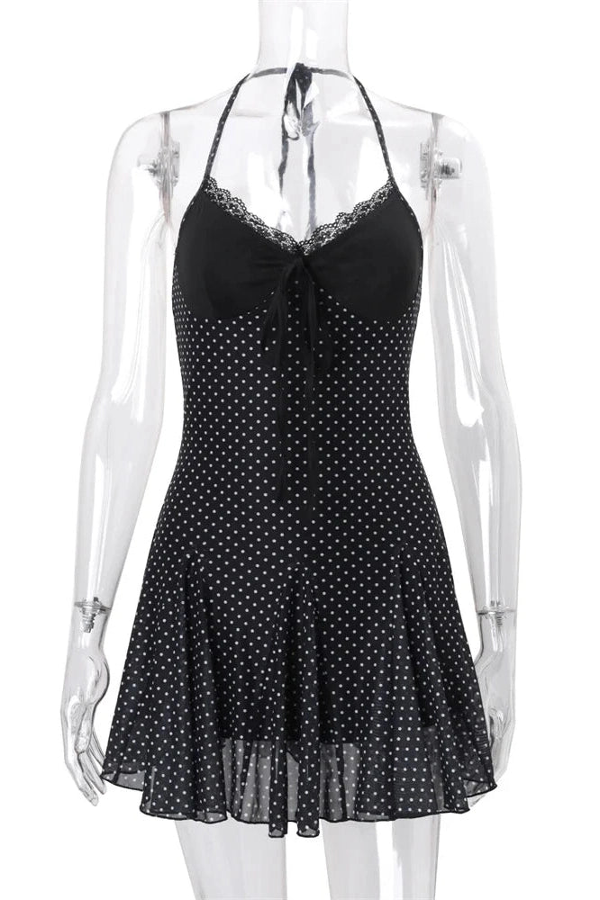 Glorol - Lace See-Through High Waist Slim V-Neck Mini Dress