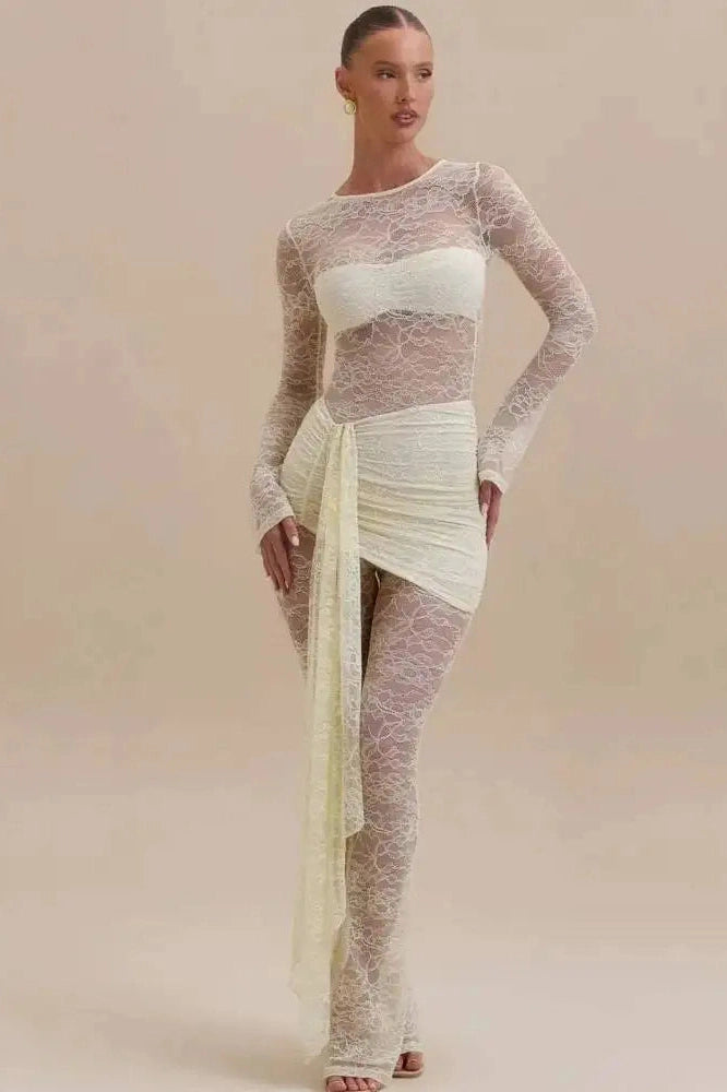 Glorol - Lace Patchwork O Neck Long Sleeve Jumpsuit