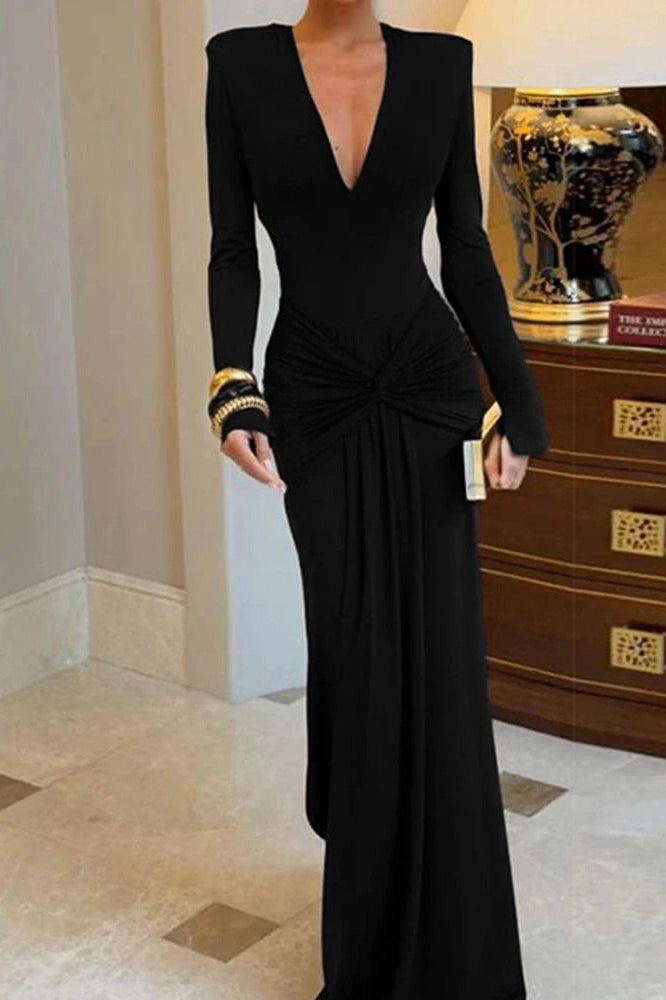 Glorol - Elegant Deep V-Neck Slim Long Sleeve Pleated Maxi Dress