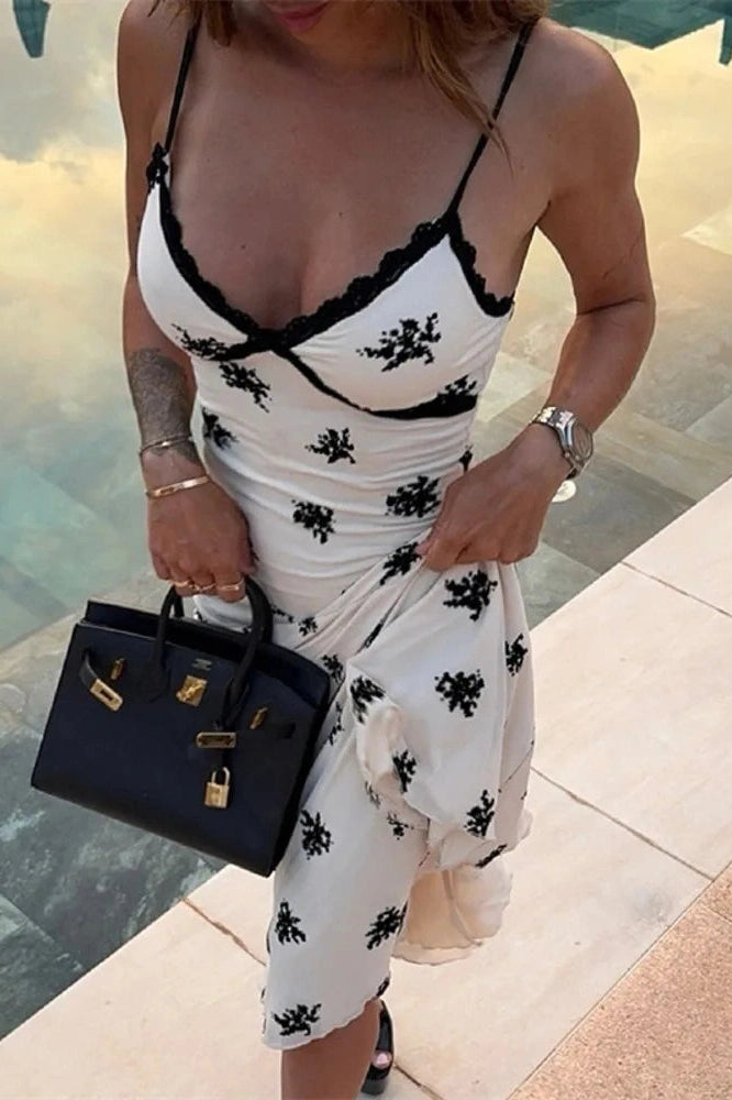 Glorol - Lace Printed Backless Spaghetti Strap V Neck Sleeveless Bodycon Midi Dress