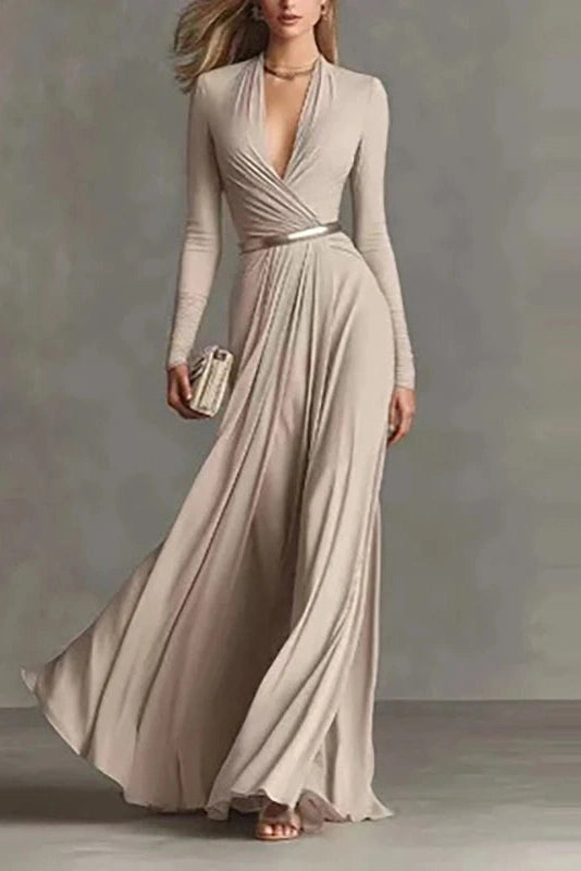 Glorol - Elegant High Waist Pleated V-Neck Long Sleeve Maxi Dress