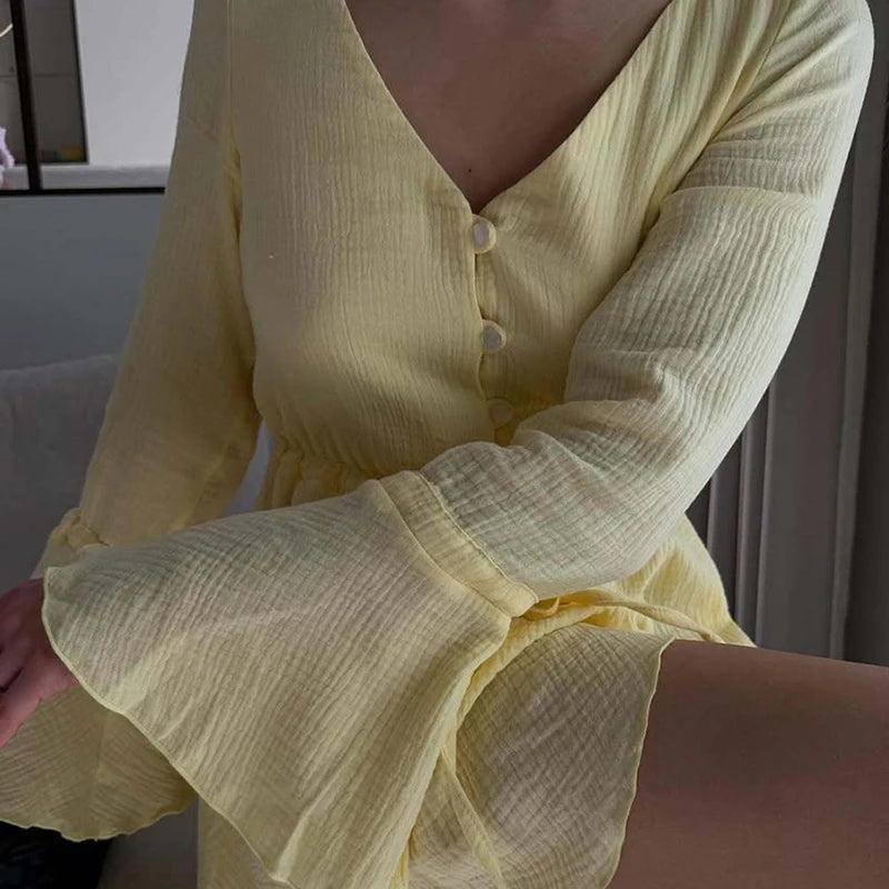 Glorol - Long Sleeve Lace High Waist V-Neck Loose Mini Dress