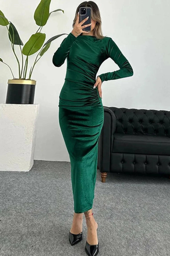 Glorol - Elegant Long Sleeve O Neck Bodycon Maxi Dress