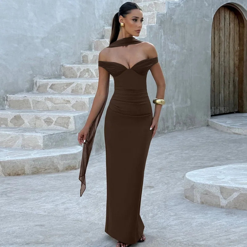 Glorol - Scarf Collar Strapless Backless Slit Maxi Dress