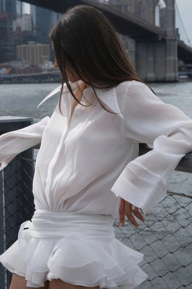 Glorol - Elegant Loose Pleated See-Through Mini Dress