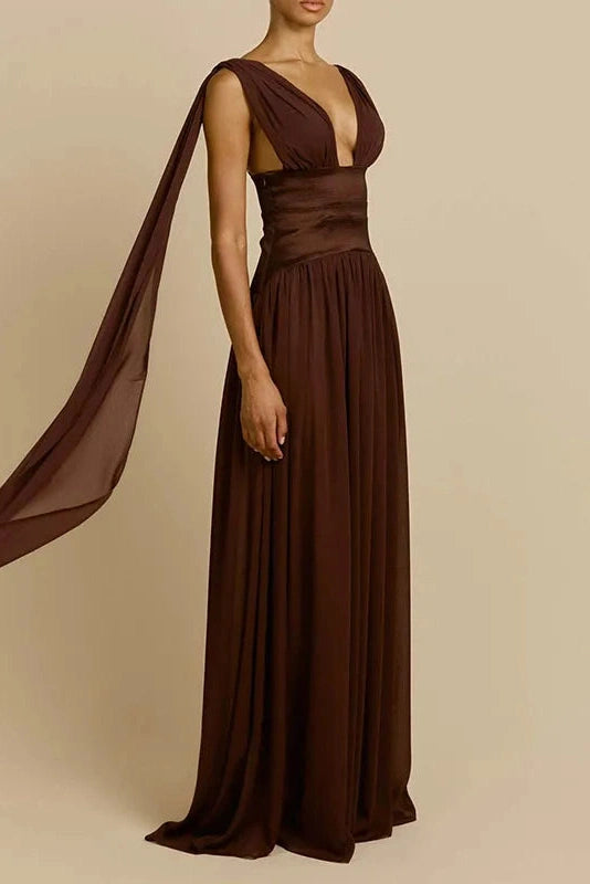 Glorol - Sleeveless V-Neck High Waist Pleated Maxi Dress