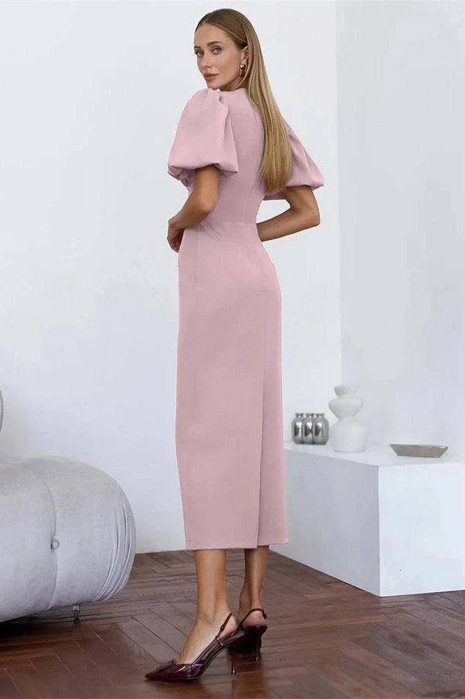 Glorol - Lace-Up Slim Short Sleeve High Waist Patchwork Midi Dress