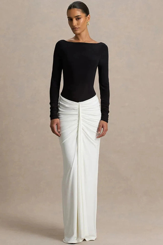 Glorol - Long Sleeve Backless Patchwork High Waist Maxi Dress
