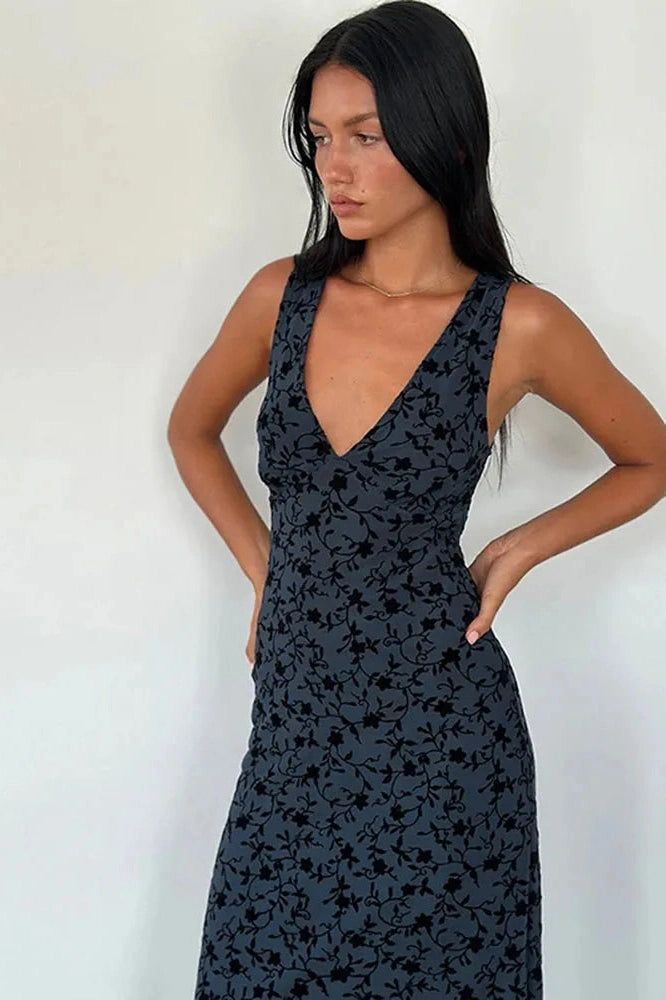 Glorol - Printed Deep V Neck Sleeveless Slim Maxi Dress