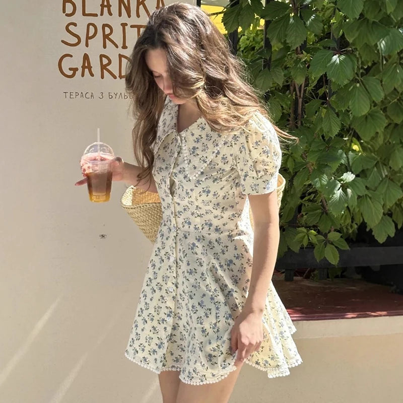 Glorol - Printed Short Sleeve Slim Single Breasted Mini Dress