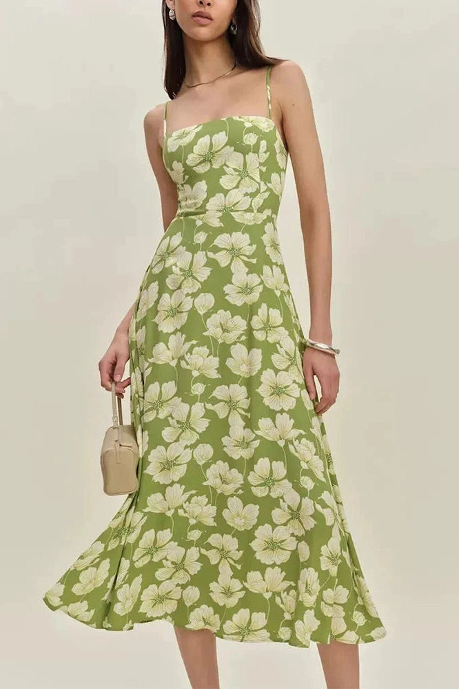 Glorol - Backless Fit Floral Printed Sleeveless High Waist Midi Dress