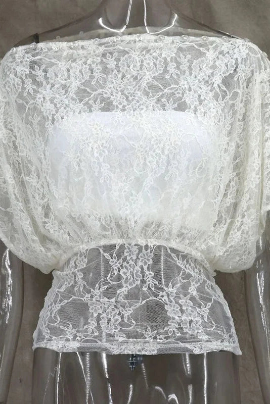 Glorol - Lace One-Shoulder Patchwork See-Through Top