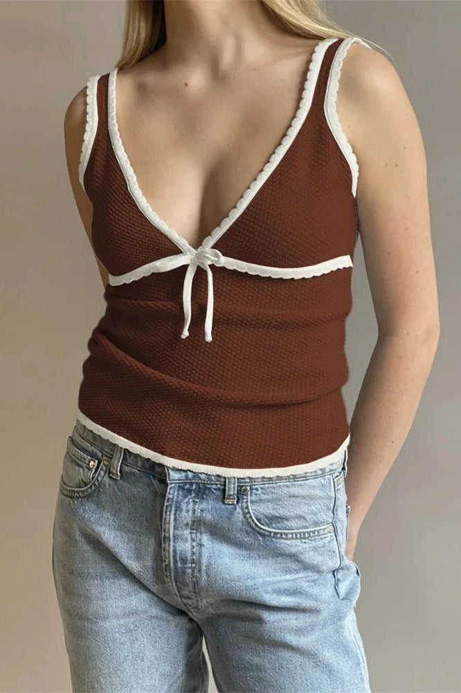 Glorol - Lace-Up Backless V-Neck Slim Top