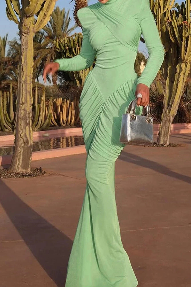 Glorol - Elegant Backless Slim High Waist Turtleneck Long Sleeve Pleated Maxi Dress