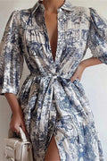 Glorol - Printed Lace-Up High Waist Short Sleeve Mini Dress