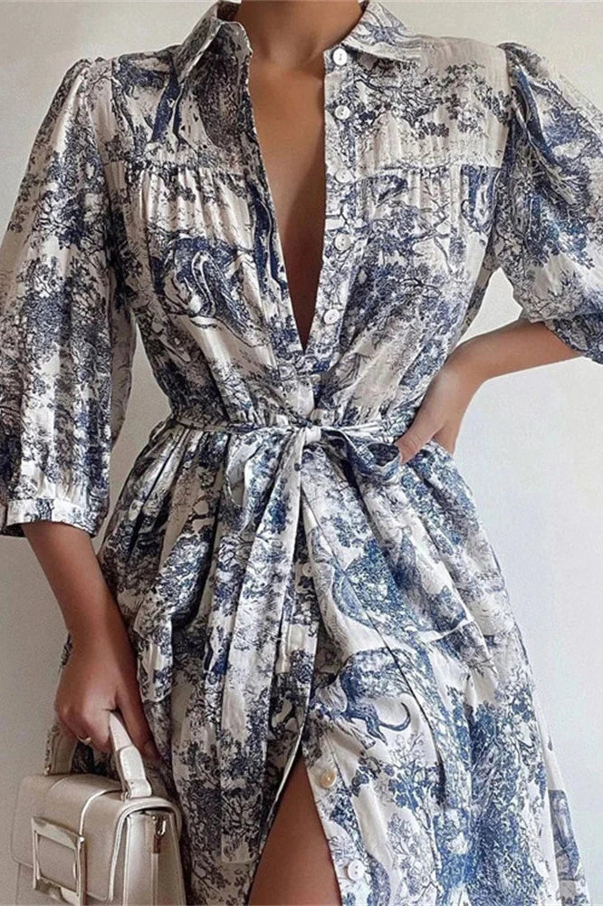 Glorol - Printed Lace-Up High Waist Short Sleeve Mini Dress