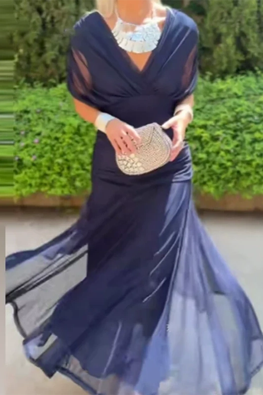 Glorol - Printed Shawl Sleeve High Waist Pleated V-Neck Off Shoulder Maxi Dress