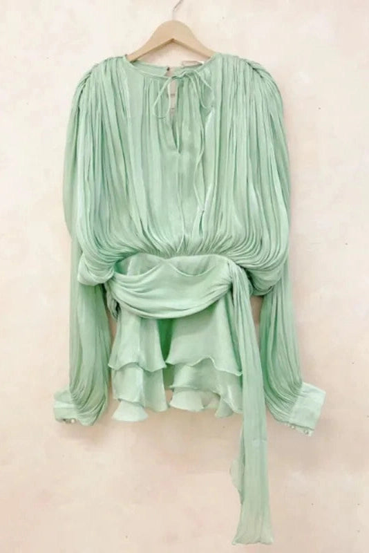 Glorol - Elegant Pleated Long Sleeve High Waist Mini Dress