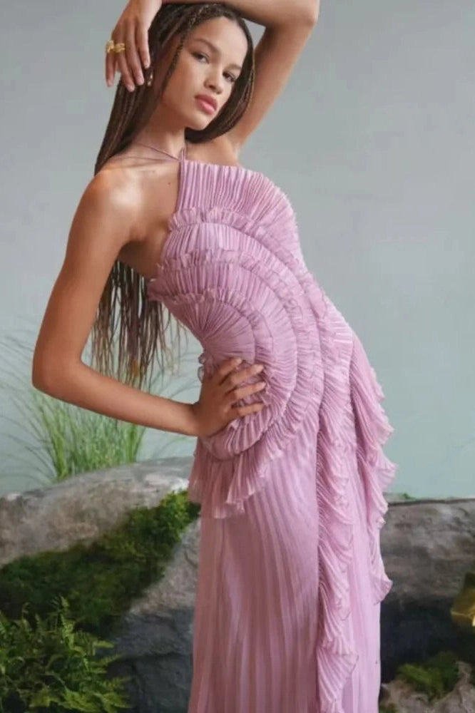 Glorol - Off-Shoulder Sleeveless Backless Pleated Maxi Dress