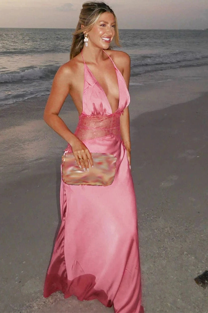 Glorol - Lace Deep V-Neck Backless High Waist Slim Maxi Dress