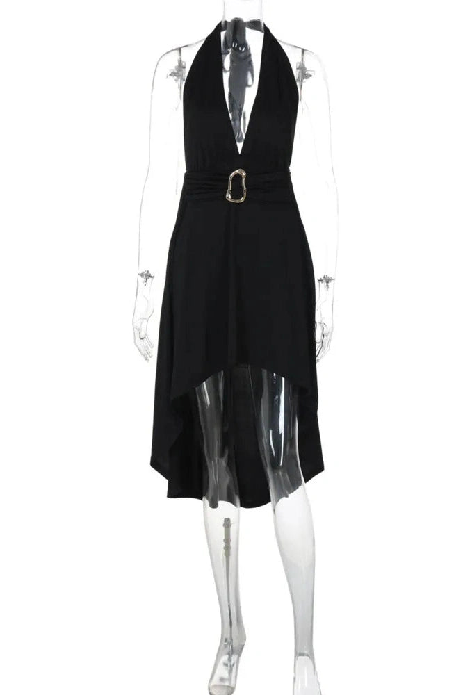 Glorol - Deep V-Neck Lace-Up Off-Shoulder Sleeveless Backless Midi Dress