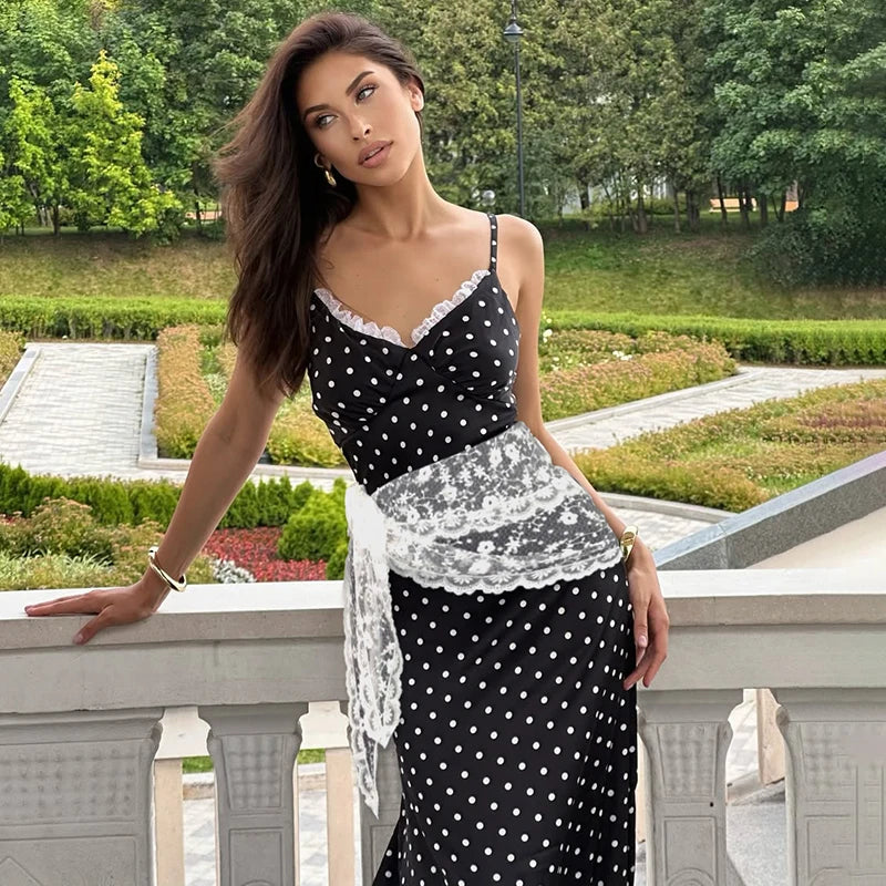 Glorol - Polka Dot Deep V Neck Lace Slim Maxi Dress