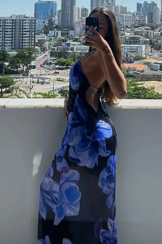 Glorol - Printed Sleeveless Backless Lace-Up Maxi Dress