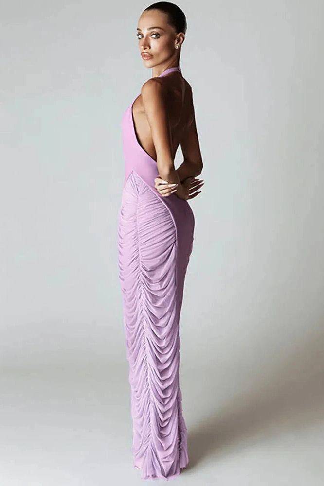 Glorol - Deep V Neck Patchwork Mesh High Waist Maxi Dress