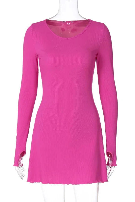Glorol - Long Sleeve O Neck Lace-up Mini Dress