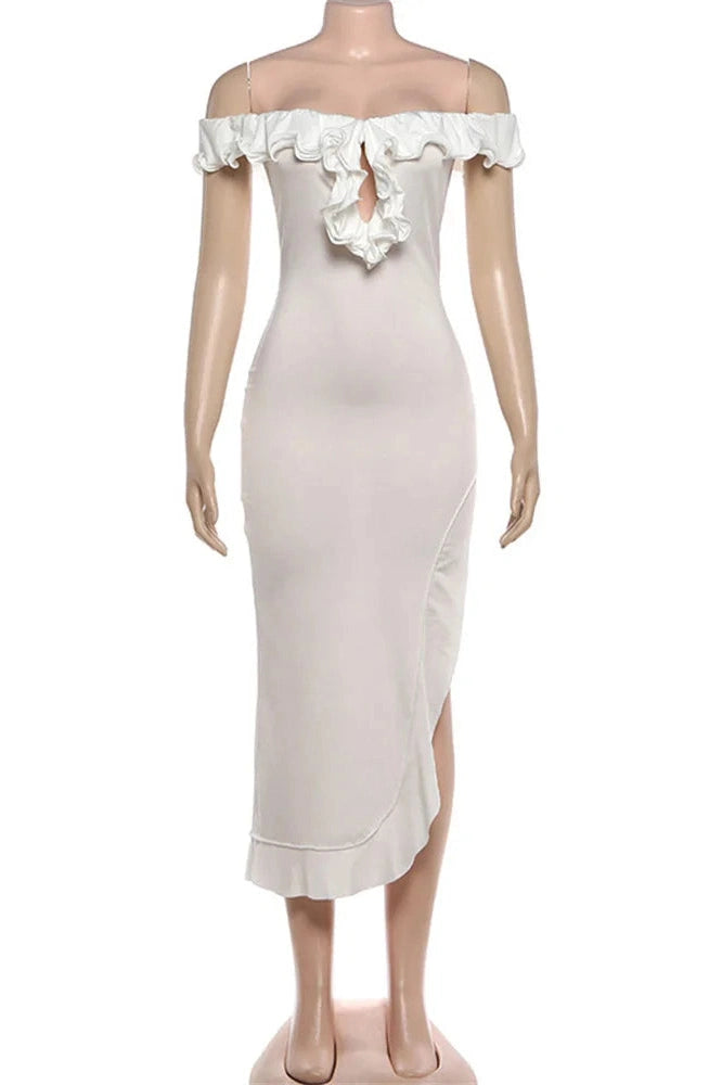 Glorol - Hollow Out Off-Shoulder High Waist Slim Midi Dress