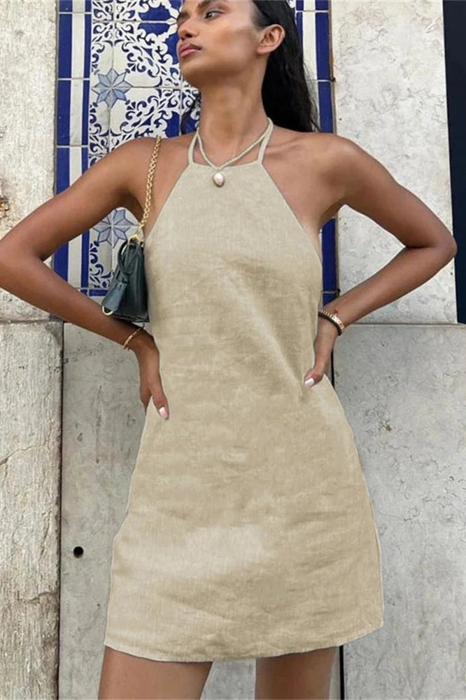 Glorol - Off-Shoulder Backless Lace-Up Patchwork Mini Dress