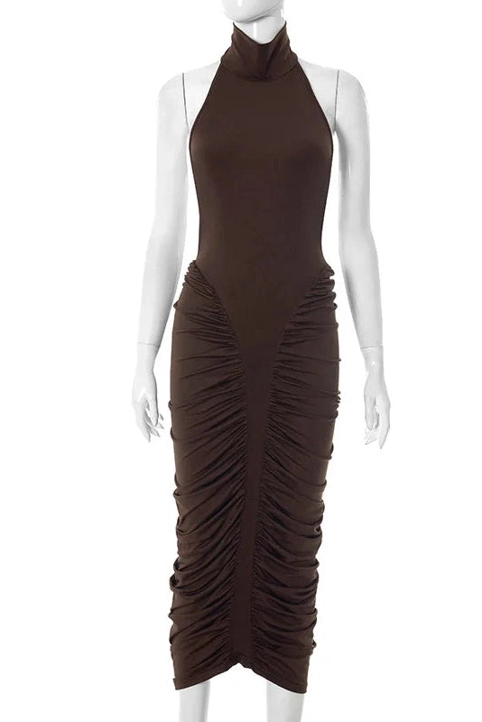 Glorol - Elegant Pleated Sleeveless Backless Bodycon Midi Dress