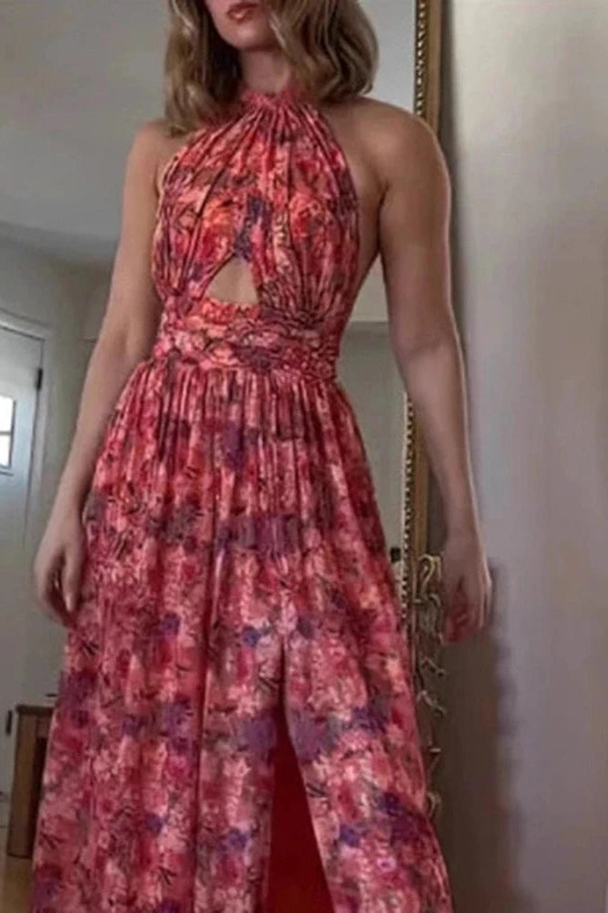 Glorol - Hollow Out Sleeveless High Waist Pleated Printed Maxi Dress