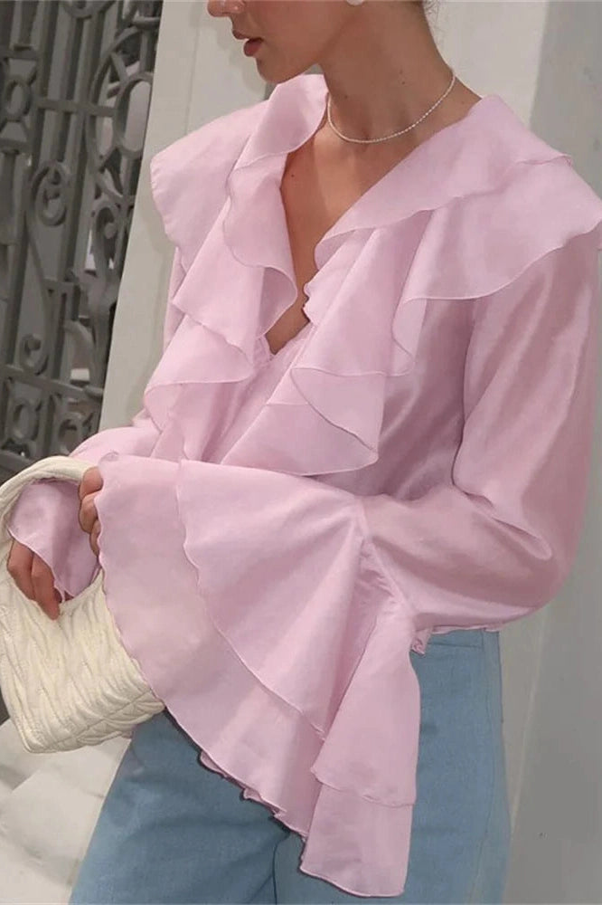 Glorol - Patchwork V-Neck Long Sleeve Loose Top