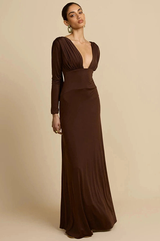 Glorol - Deep V Neck Backless Long Sleeve High Waist Maxi Dress