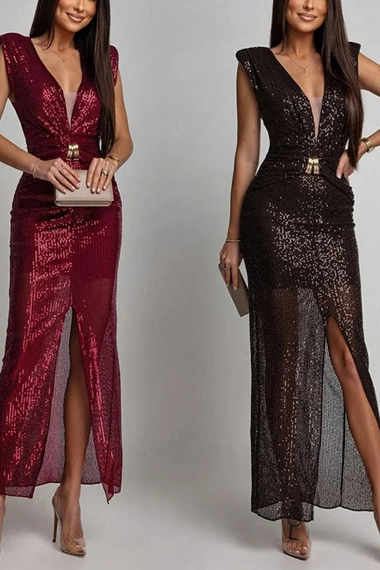 Glorol - Deep V-Neck High Waist Split Fit Sleeveless Maxi Dress