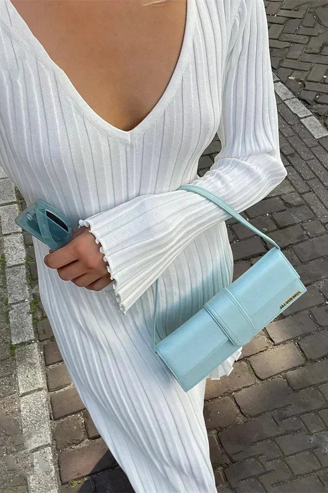 V-Neck Knit Long Sleeve High Waist Pleated Maxi Dress