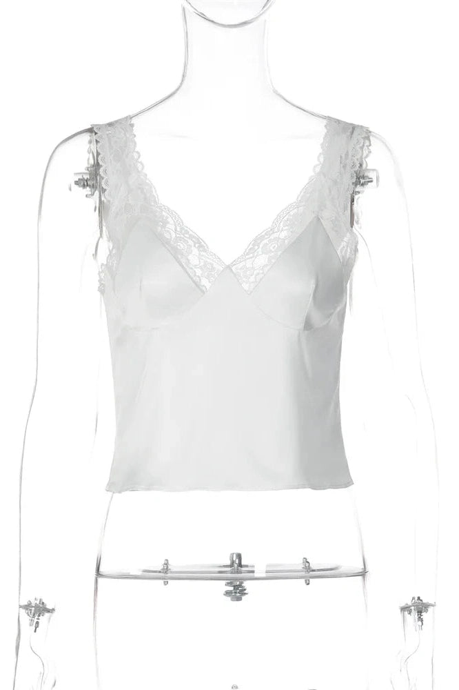 Glorol - Lace V-Neck Printed Backless Patchwork Top