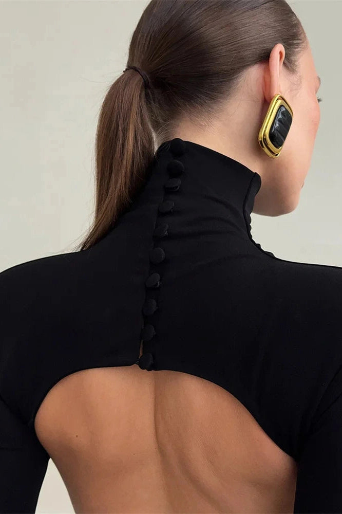 Glorol - Backless Turtleneck Patchwork Slim Long Sleeve Maxi Dress