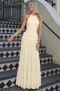 Glorol - Backless Pleated Sleeveless High Waist Lace-Up A-Line Maxi Dress